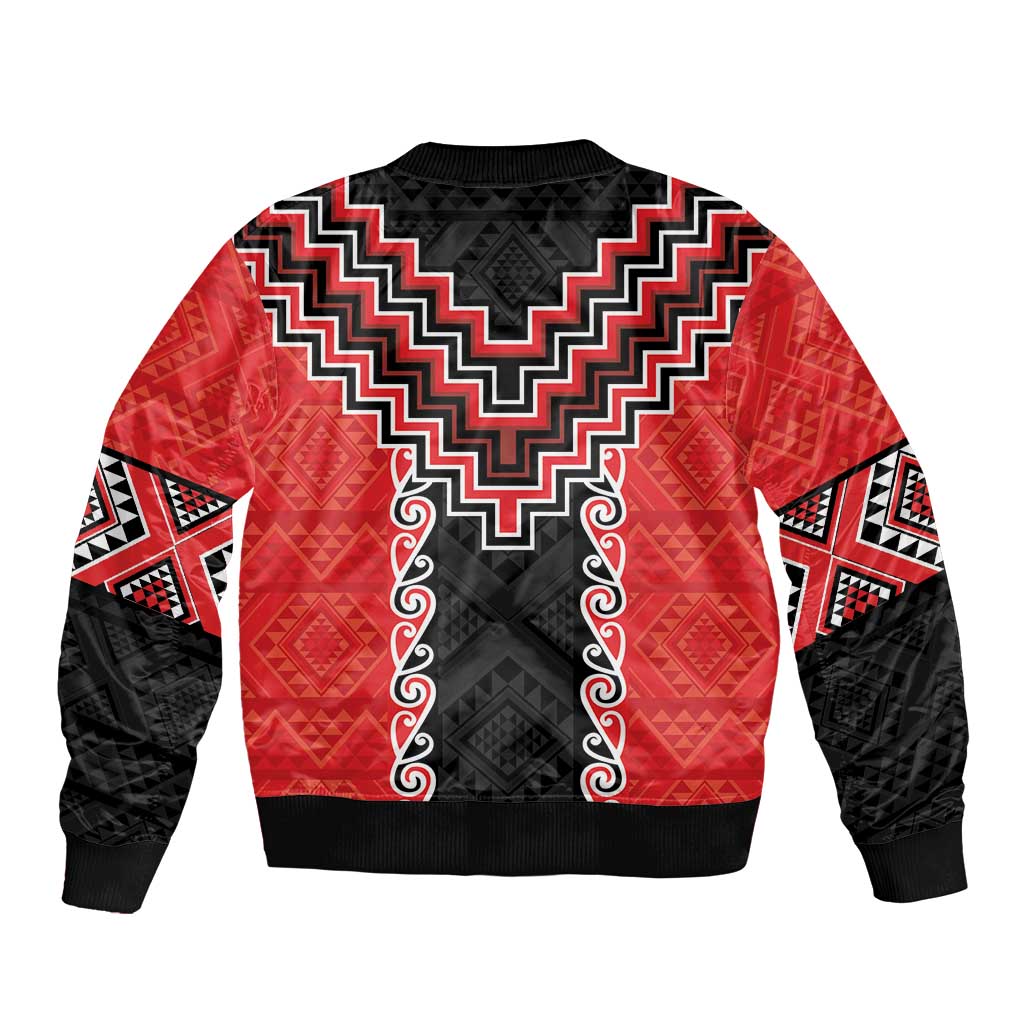 Red Niho Taniwha Mix Poutama Sleeve Zip Bomber Jacket Unique Taniko Aotearoa