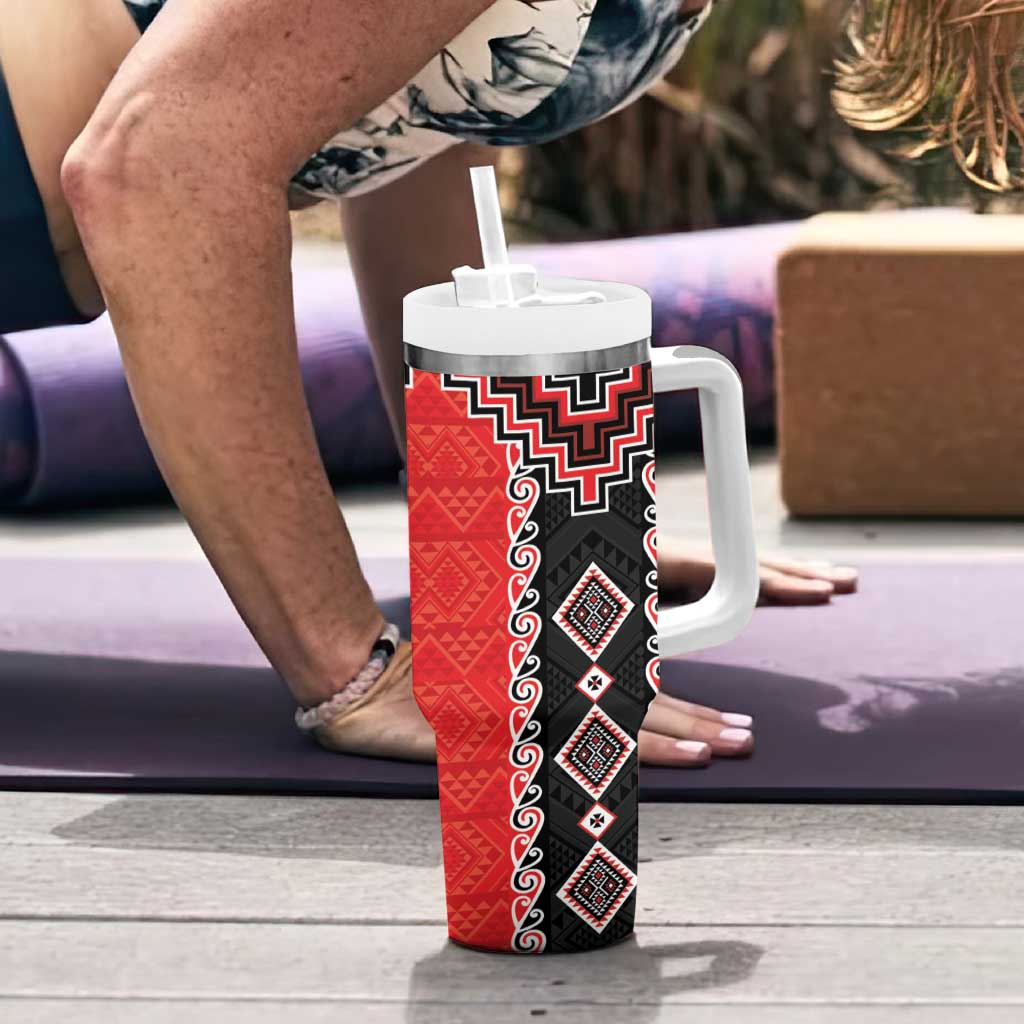 Red Niho Taniwha Mix Poutama Tumbler With Handle Unique Taniko Aotearoa
