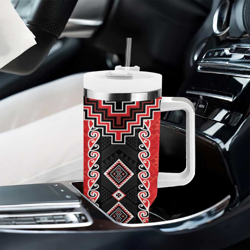 Red Niho Taniwha Mix Poutama Tumbler With Handle Unique Taniko Aotearoa
