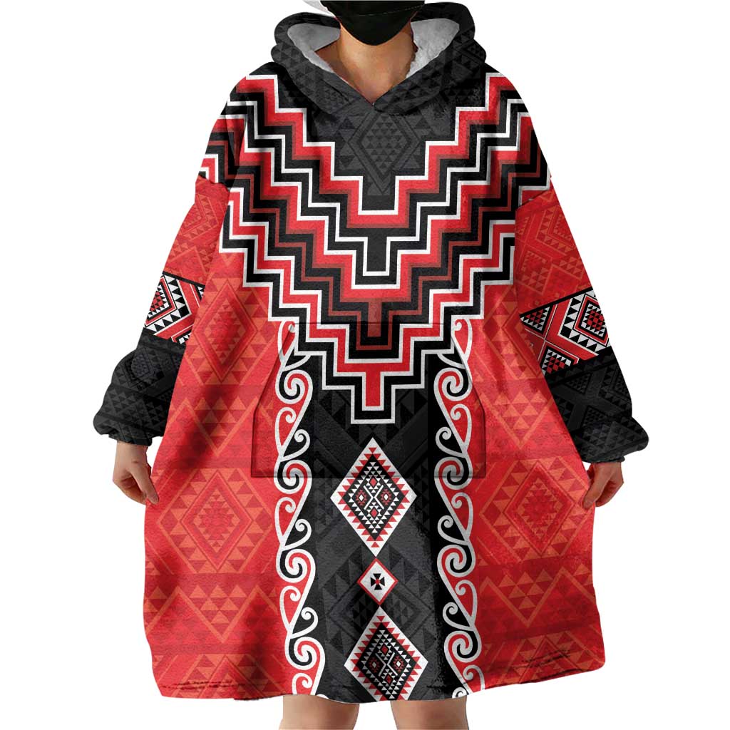 Red Niho Taniwha Mix Poutama Wearable Blanket Hoodie Unique Taniko Aotearoa