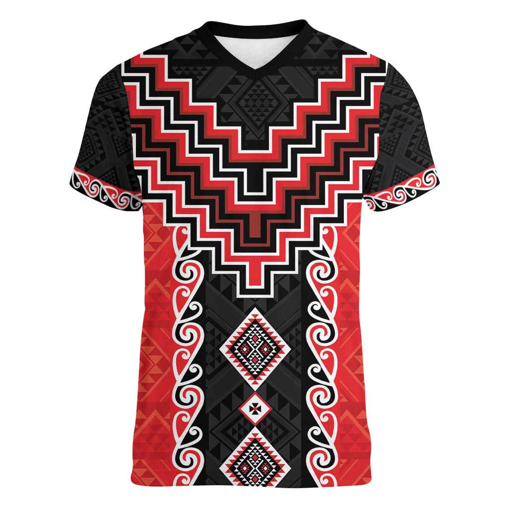 Red Niho Taniwha Mix Poutama Women V-Neck T-Shirt Unique Taniko Aotearoa LT01 Female Red - Polynesian Pride