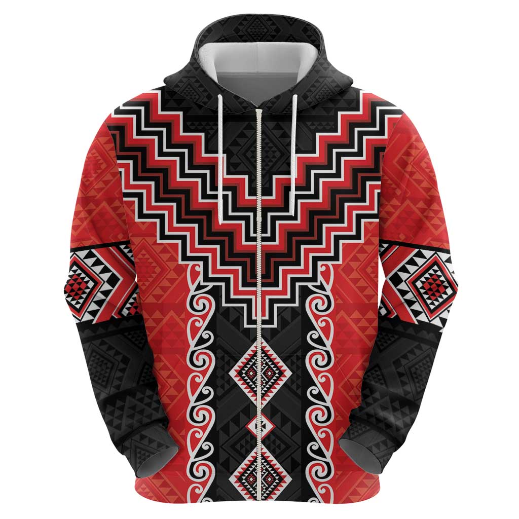 Red Niho Taniwha Mix Poutama Zip Hoodie Unique Taniko Aotearoa