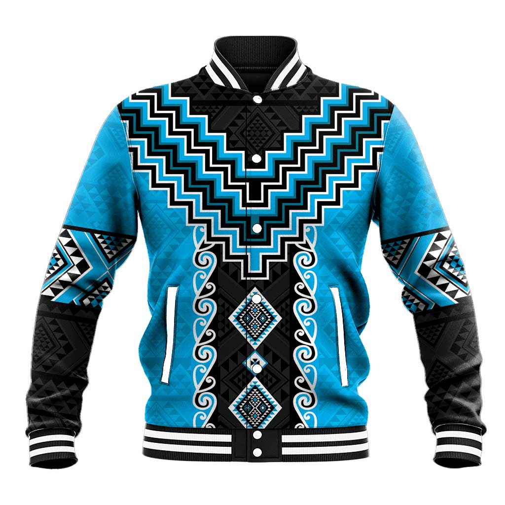 Sky Blue Niho Taniwha Mix Poutama Baseball Jacket Unique Taniko Aotearoa