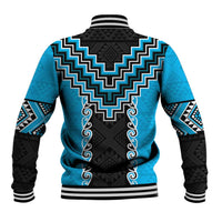 Sky Blue Niho Taniwha Mix Poutama Baseball Jacket Unique Taniko Aotearoa