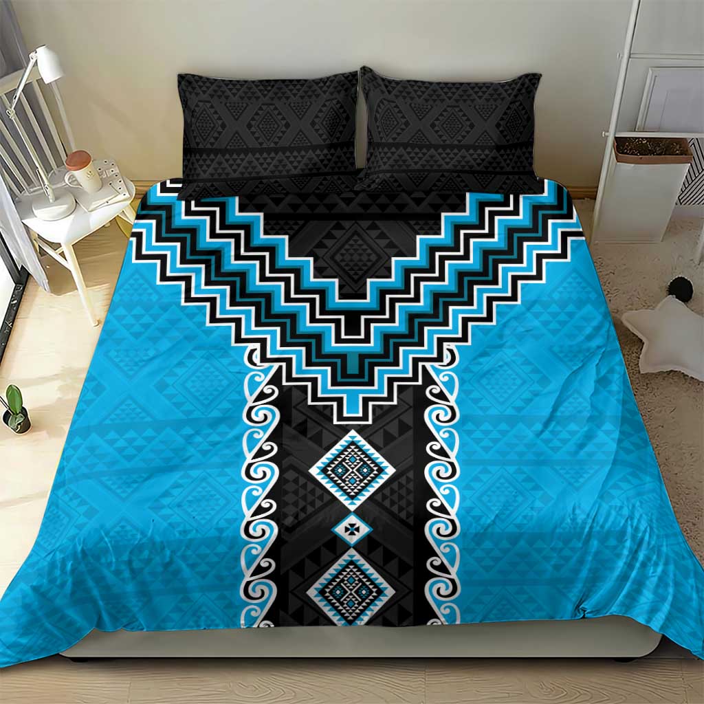 Sky Blue Niho Taniwha Mix Poutama Bedding Set Unique Taniko Aotearoa