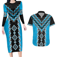 Sky Blue Niho Taniwha Mix Poutama Couples Matching Long Sleeve Bodycon Dress and Hawaiian Shirt Unique Taniko Aotearoa LT01 Sky Blue - Polynesian Pride