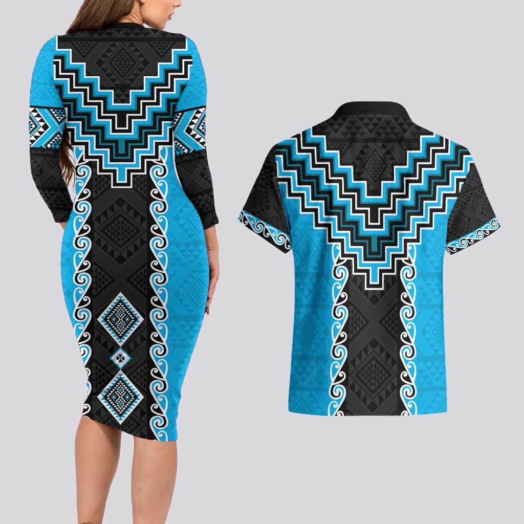 Sky Blue Niho Taniwha Mix Poutama Couples Matching Long Sleeve Bodycon Dress and Hawaiian Shirt Unique Taniko Aotearoa LT01 - Polynesian Pride