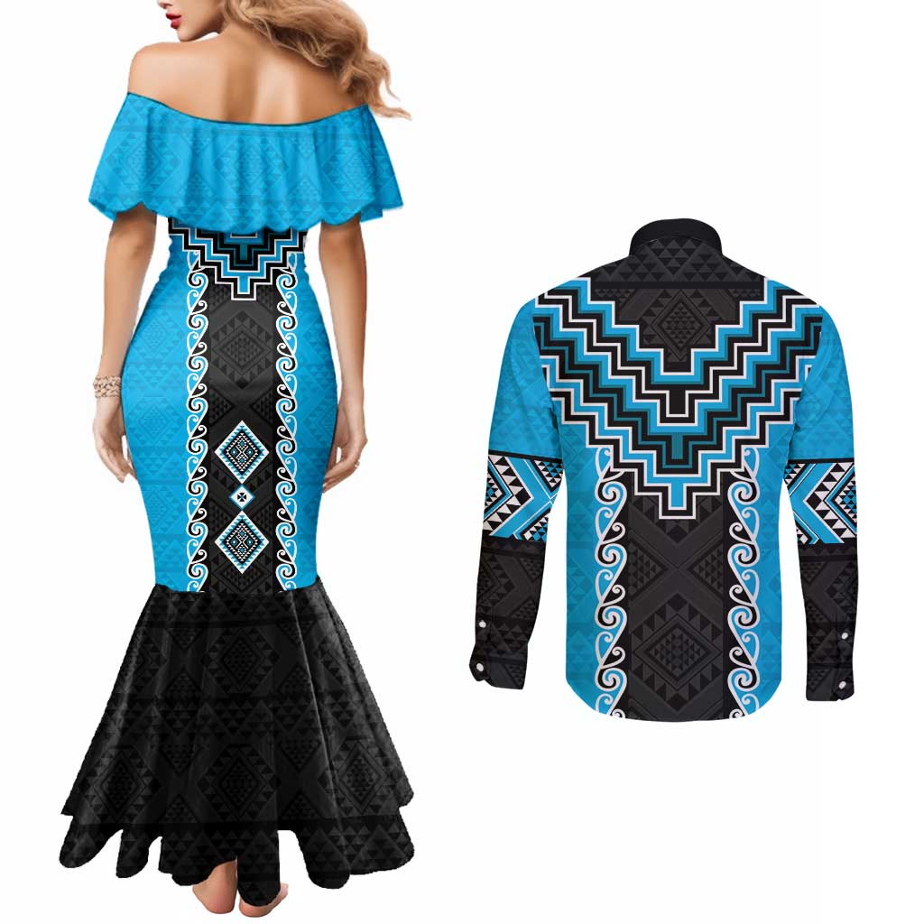 Sky Blue Niho Taniwha Mix Poutama Couples Matching Mermaid Dress and Long Sleeve Button Shirt Unique Taniko Aotearoa LT01 - Polynesian Pride