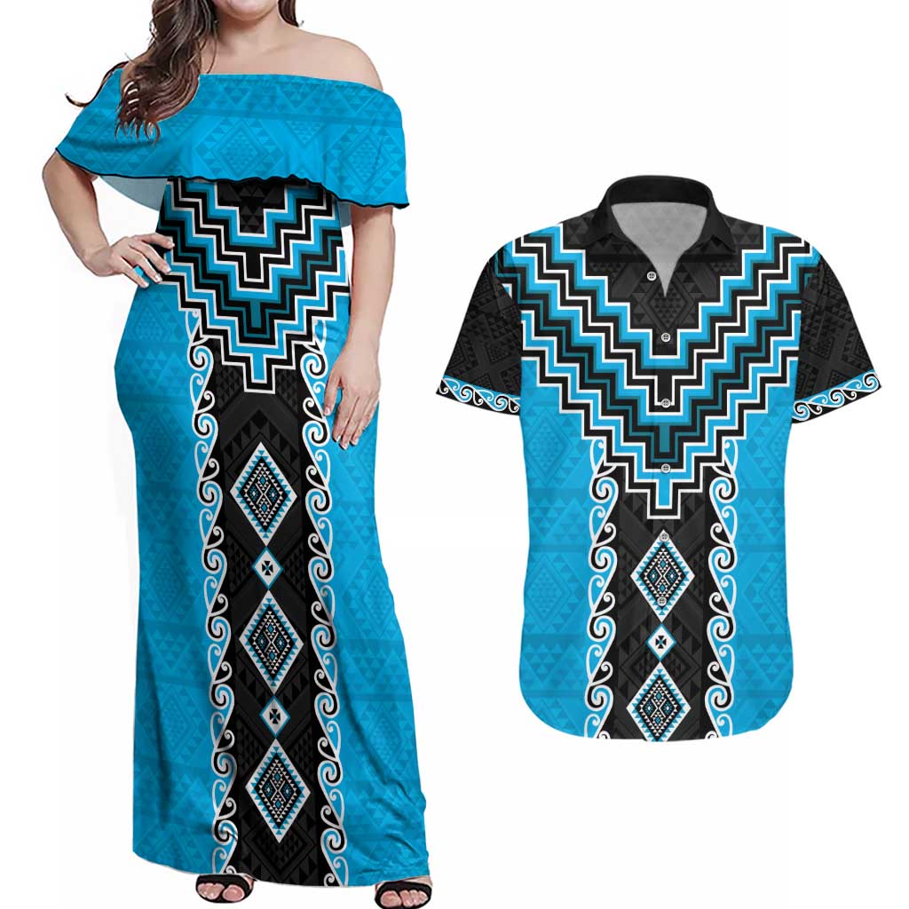 Sky Blue Niho Taniwha Mix Poutama Couples Matching Off Shoulder Maxi Dress and Hawaiian Shirt Unique Taniko Aotearoa LT01 Sky Blue - Polynesian Pride