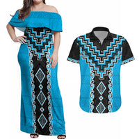 Sky Blue Niho Taniwha Mix Poutama Couples Matching Off Shoulder Maxi Dress and Hawaiian Shirt Unique Taniko Aotearoa LT01 Sky Blue - Polynesian Pride