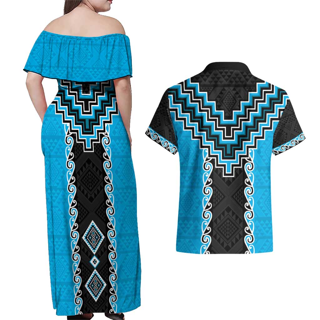 Sky Blue Niho Taniwha Mix Poutama Couples Matching Off Shoulder Maxi Dress and Hawaiian Shirt Unique Taniko Aotearoa LT01 - Polynesian Pride