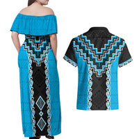 Sky Blue Niho Taniwha Mix Poutama Couples Matching Off Shoulder Maxi Dress and Hawaiian Shirt Unique Taniko Aotearoa LT01 - Polynesian Pride