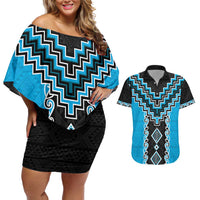 Sky Blue Niho Taniwha Mix Poutama Couples Matching Off Shoulder Short Dress and Hawaiian Shirt Unique Taniko Aotearoa LT01 Sky Blue - Polynesian Pride