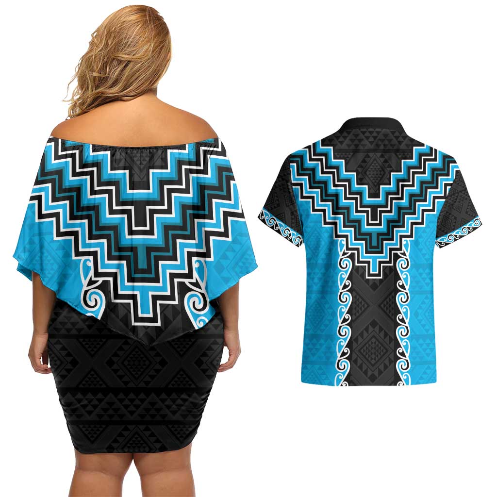 Sky Blue Niho Taniwha Mix Poutama Couples Matching Off Shoulder Short Dress and Hawaiian Shirt Unique Taniko Aotearoa LT01 - Polynesian Pride