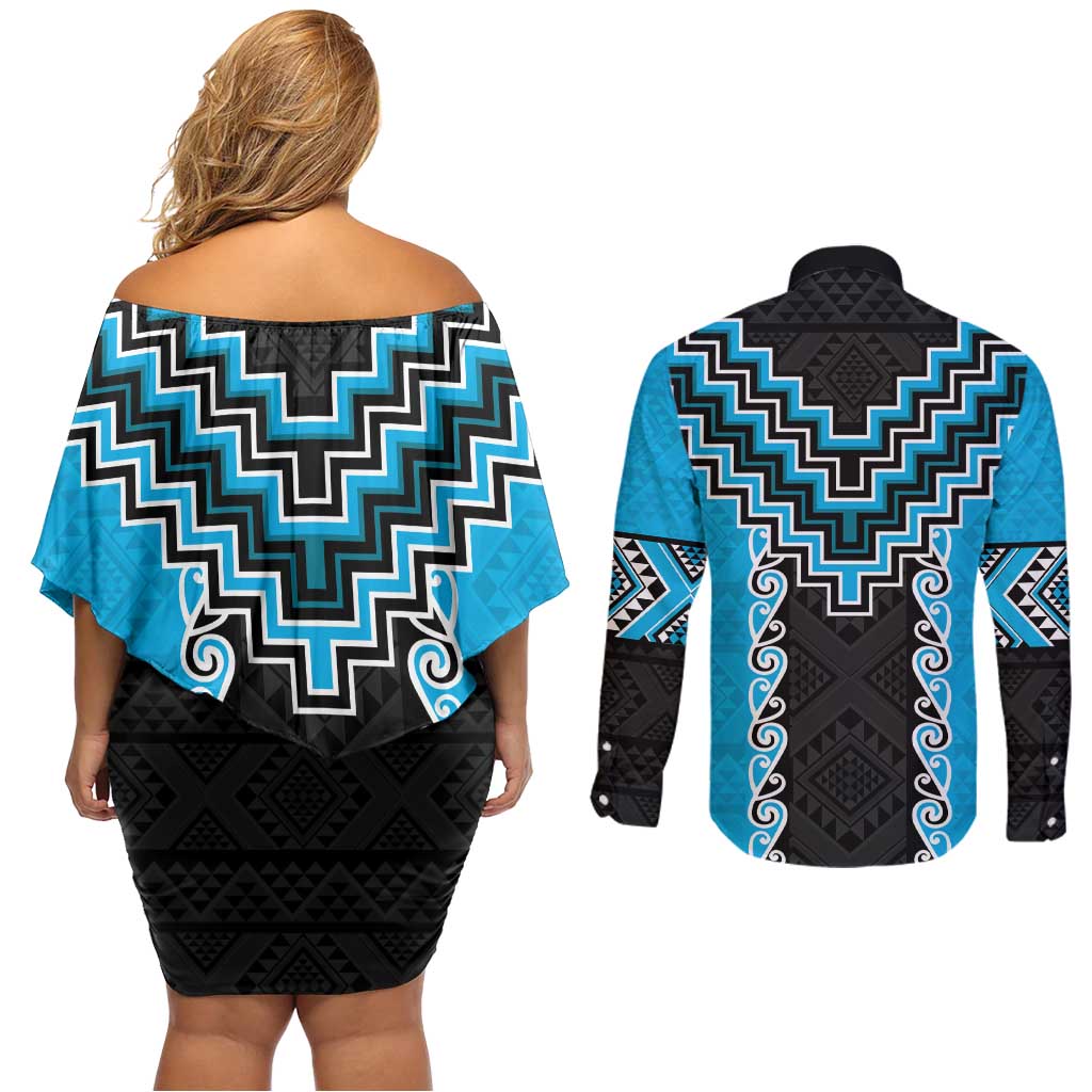 Sky Blue Niho Taniwha Mix Poutama Couples Matching Off Shoulder Short Dress and Long Sleeve Button Shirt Unique Taniko Aotearoa