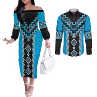 Sky Blue Niho Taniwha Mix Poutama Couples Matching Off The Shoulder Long Sleeve Dress and Long Sleeve Button Shirt Unique Taniko Aotearoa LT01 Sky Blue - Polynesian Pride