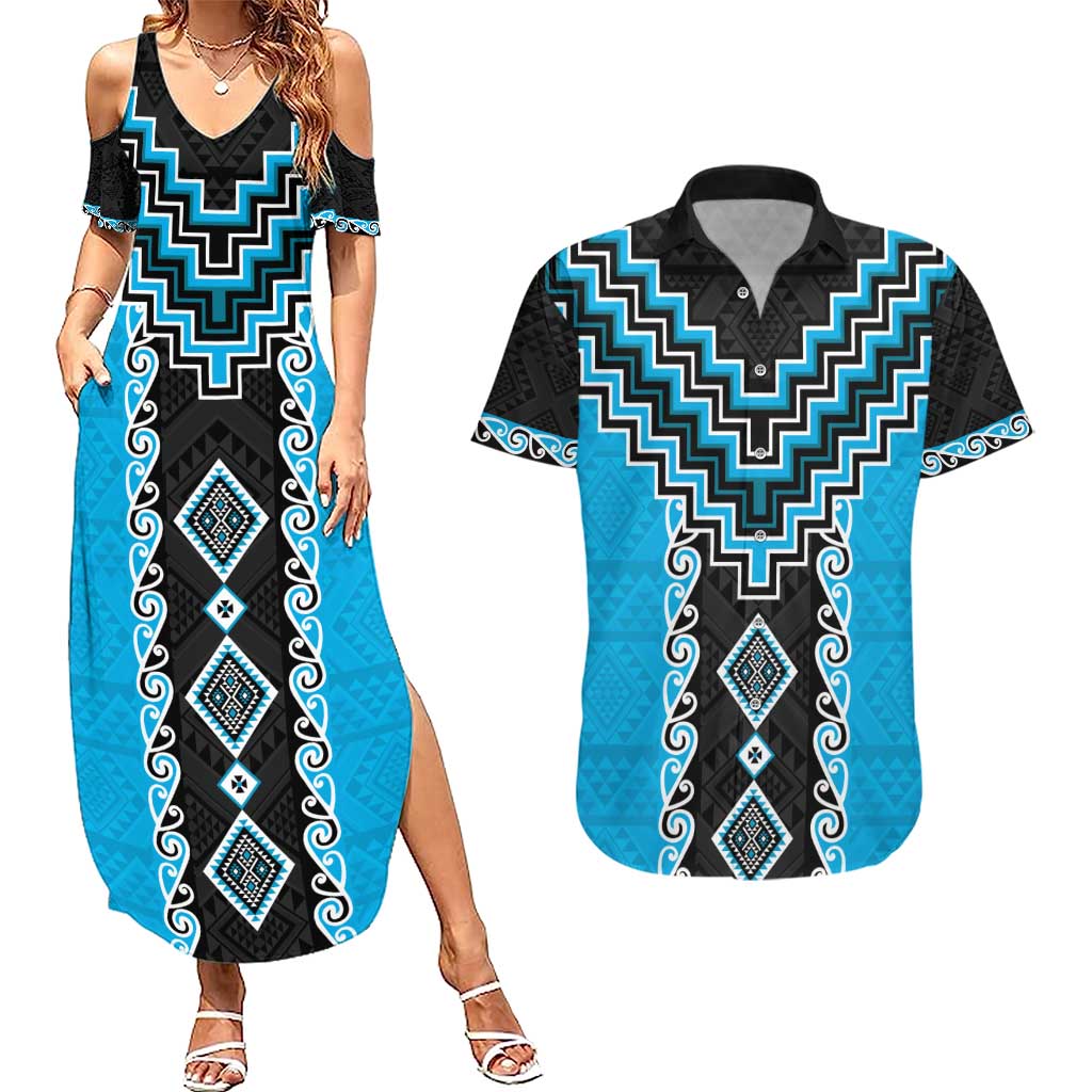 Sky Blue Niho Taniwha Mix Poutama Couples Matching Summer Maxi Dress and Hawaiian Shirt Unique Taniko Aotearoa LT01 Sky Blue - Polynesian Pride