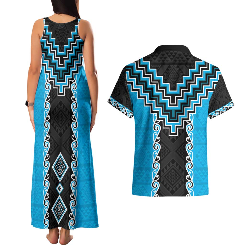 Sky Blue Niho Taniwha Mix Poutama Couples Matching Tank Maxi Dress and Hawaiian Shirt Unique Taniko Aotearoa LT01 - Polynesian Pride