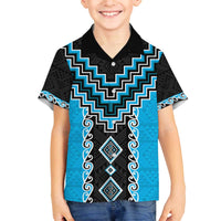 Sky Blue Niho Taniwha Mix Poutama Family Matching Off The Shoulder Long Sleeve Dress and Hawaiian Shirt Unique Taniko Aotearoa