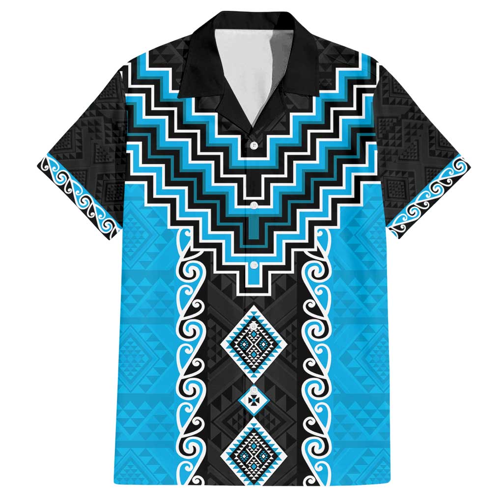Sky Blue Niho Taniwha Mix Poutama Family Matching Puletasi and Hawaiian Shirt Unique Taniko Aotearoa LT01 Dad's Shirt - Short Sleeve Sky Blue - Polynesian Pride