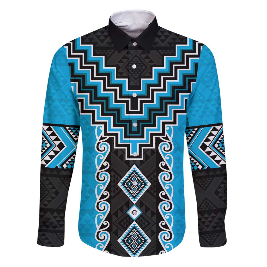 Sky Blue Niho Taniwha Mix Poutama Family Matching Puletasi and Hawaiian Shirt Unique Taniko Aotearoa LT01 Dad's Shirt - Long Sleeve Sky Blue - Polynesian Pride