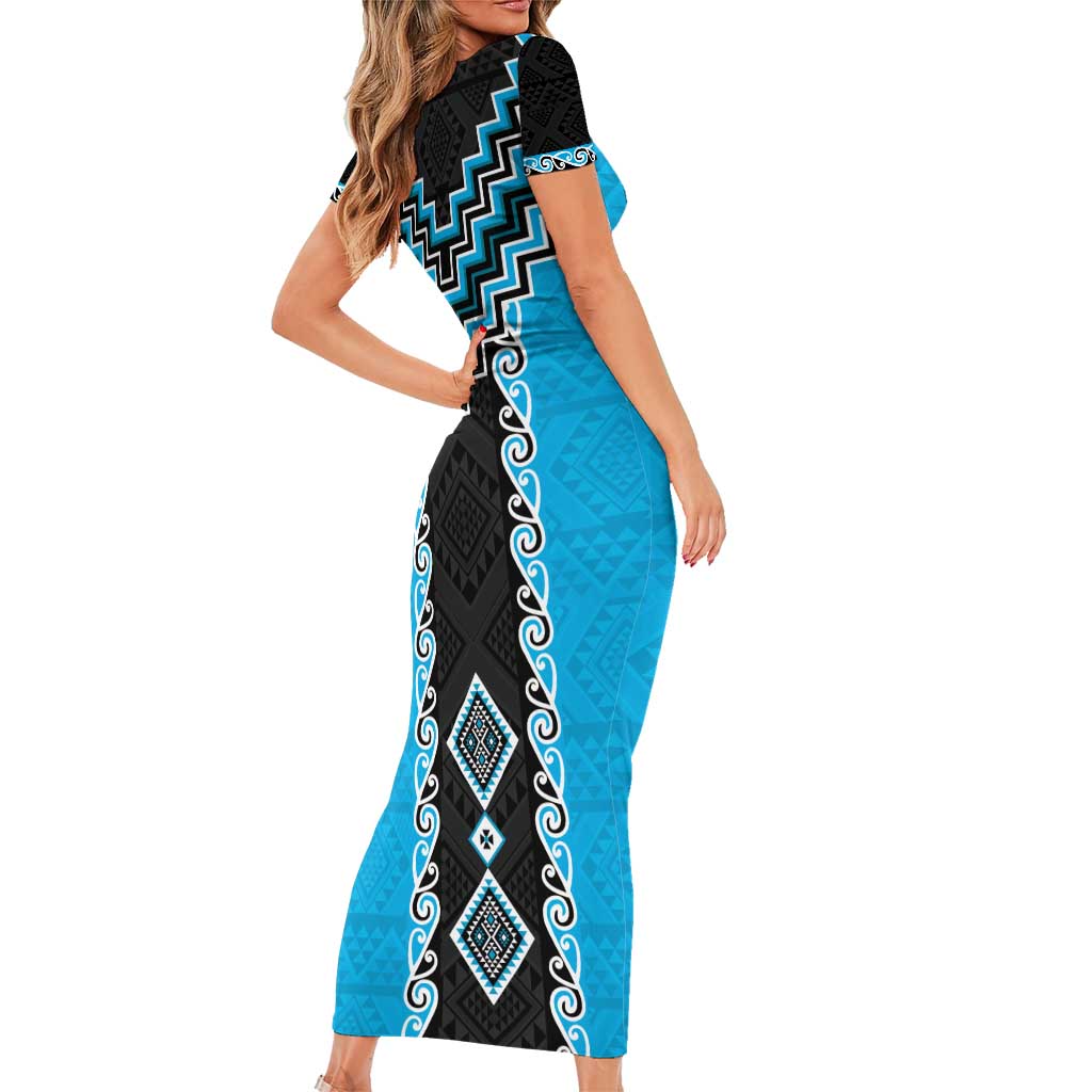 Sky Blue Niho Taniwha Mix Poutama Family Matching Short Sleeve Bodycon Dress and Hawaiian Shirt Unique Taniko Aotearoa