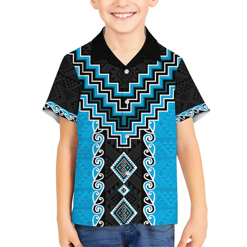 Sky Blue Niho Taniwha Mix Poutama Family Matching Short Sleeve Bodycon Dress and Hawaiian Shirt Unique Taniko Aotearoa