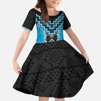Sky Blue Niho Taniwha Mix Poutama Family Matching Summer Maxi Dress and Hawaiian Shirt Unique Taniko Aotearoa LT01 Daughter's Dress Sky Blue - Polynesian Pride