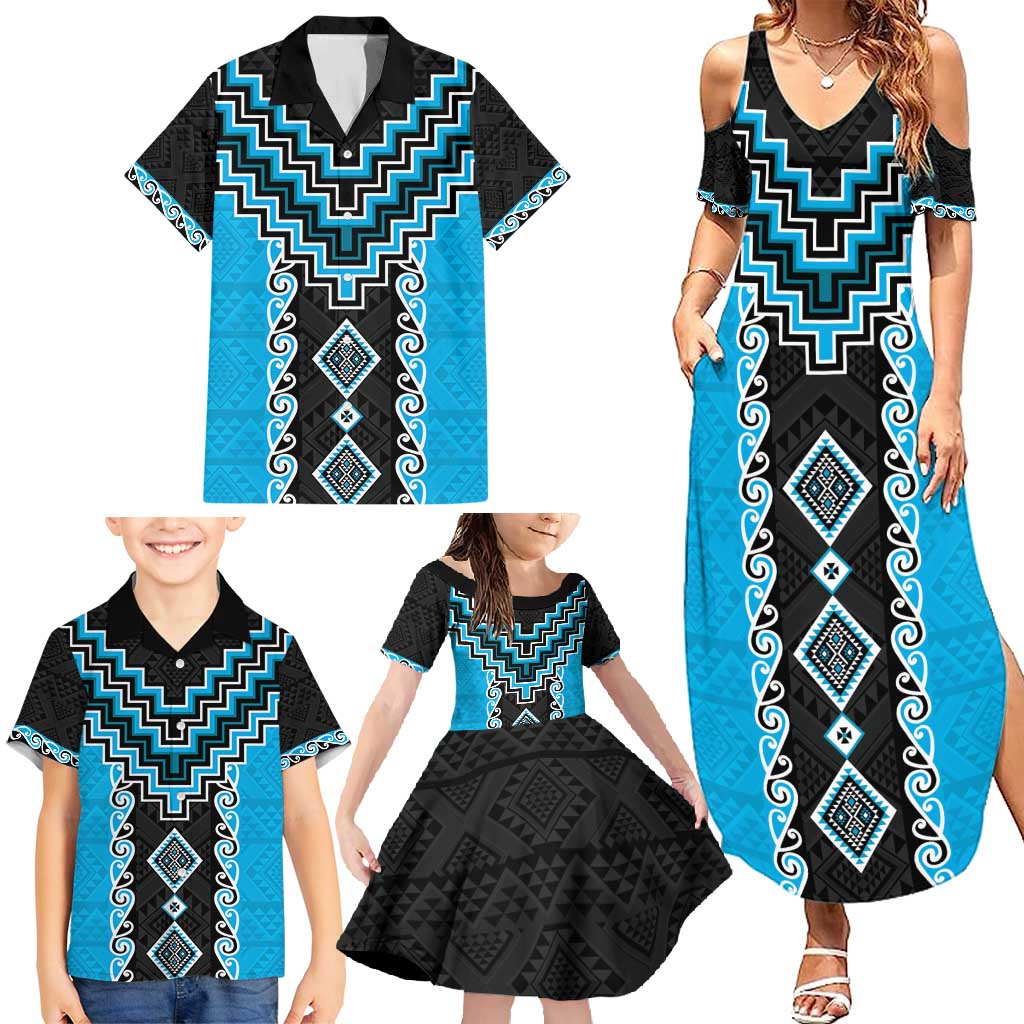 Sky Blue Niho Taniwha Mix Poutama Family Matching Summer Maxi Dress and Hawaiian Shirt Unique Taniko Aotearoa LT01 - Polynesian Pride