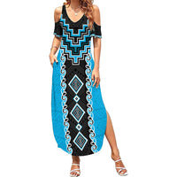 Sky Blue Niho Taniwha Mix Poutama Family Matching Summer Maxi Dress and Hawaiian Shirt Unique Taniko Aotearoa LT01 Mom's Dress Sky Blue - Polynesian Pride