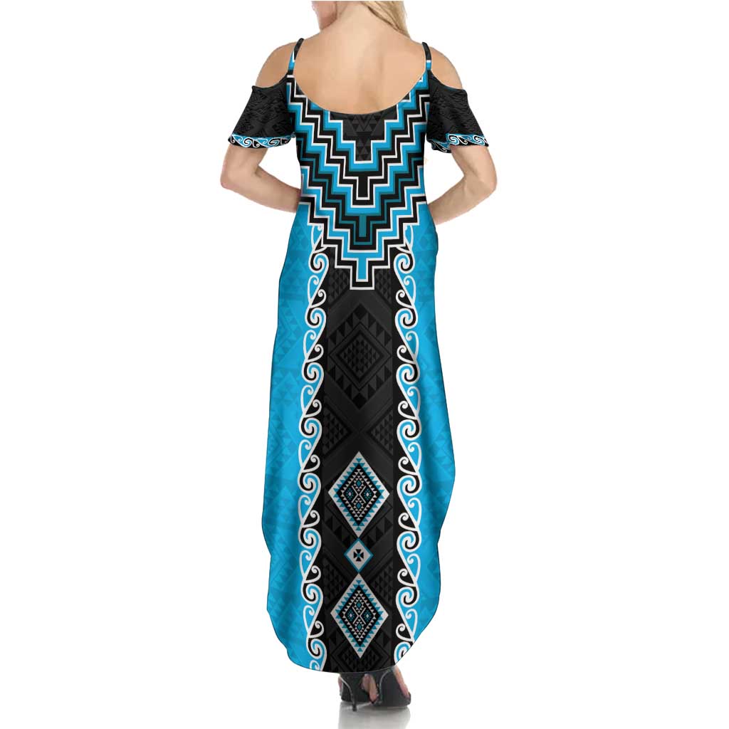 Sky Blue Niho Taniwha Mix Poutama Family Matching Summer Maxi Dress and Hawaiian Shirt Unique Taniko Aotearoa LT01 - Polynesian Pride