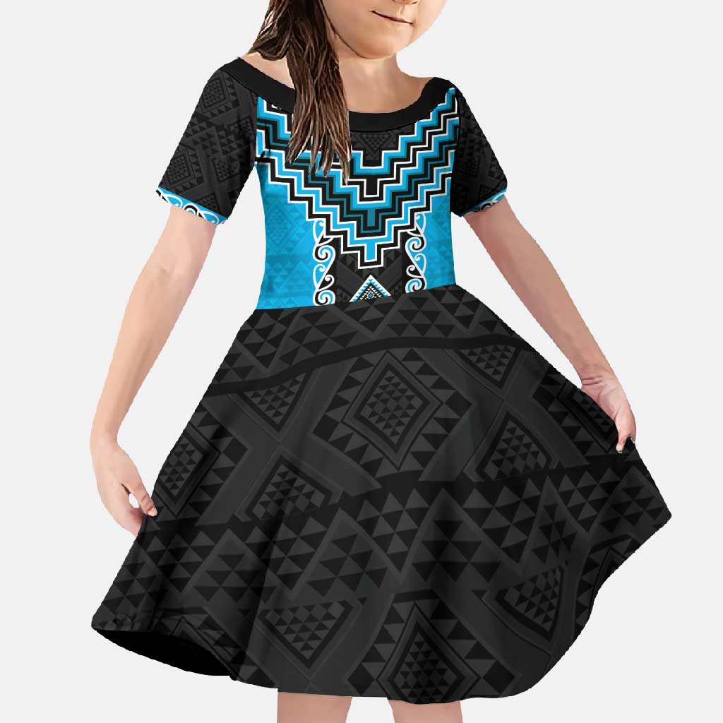 Sky Blue Niho Taniwha Mix Poutama Family Matching Tank Maxi Dress and Hawaiian Shirt Unique Taniko Aotearoa