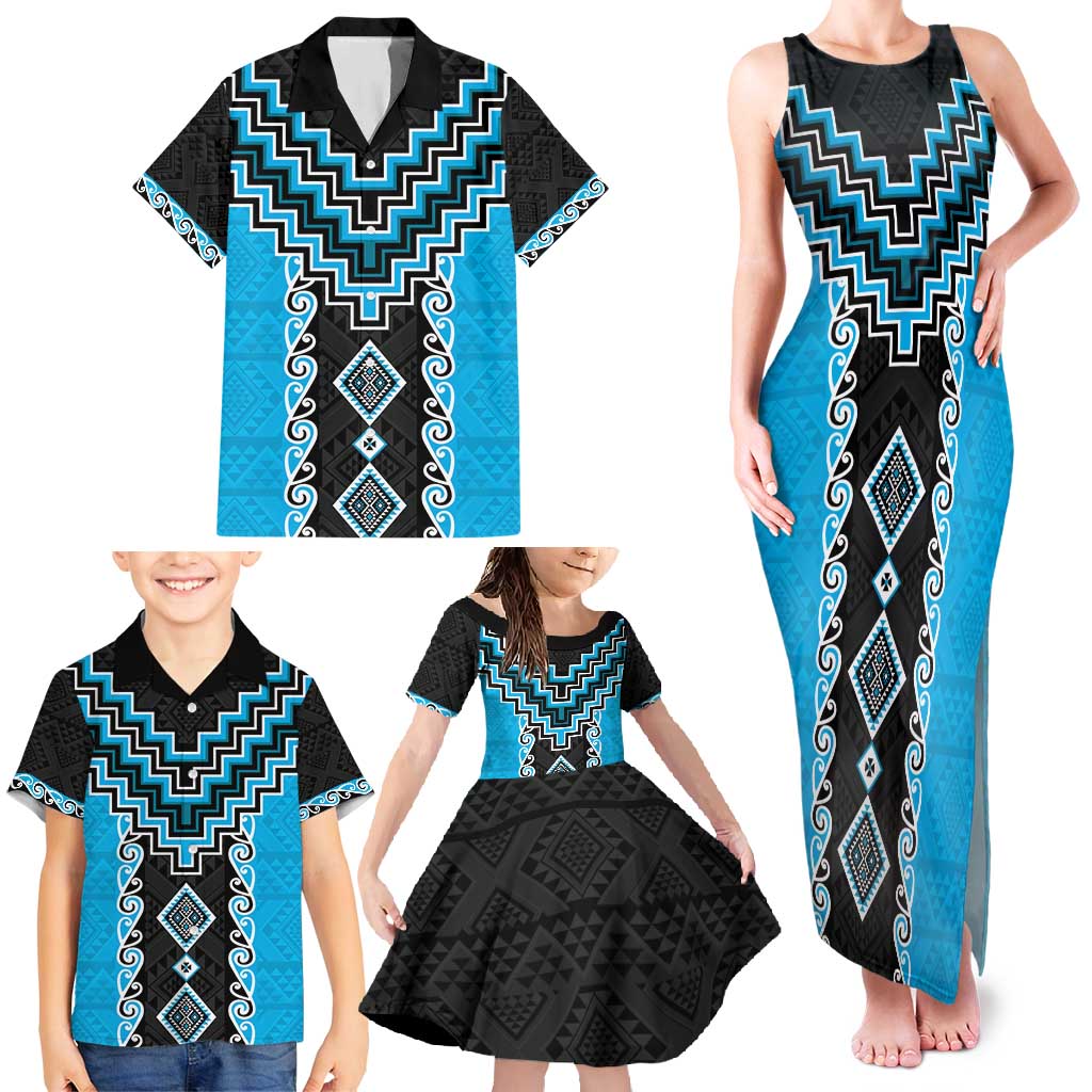 Sky Blue Niho Taniwha Mix Poutama Family Matching Tank Maxi Dress and Hawaiian Shirt Unique Taniko Aotearoa