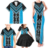 Sky Blue Niho Taniwha Mix Poutama Family Matching Tank Maxi Dress and Hawaiian Shirt Unique Taniko Aotearoa