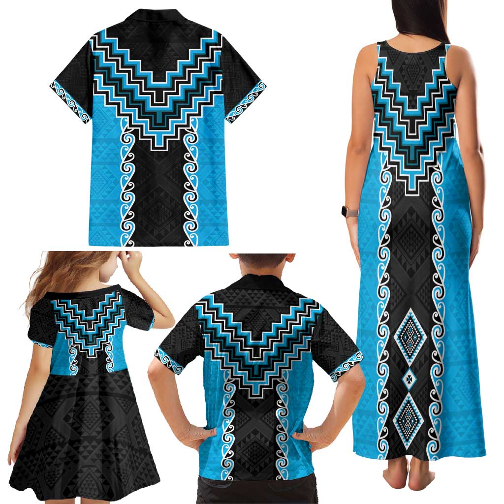 Sky Blue Niho Taniwha Mix Poutama Family Matching Tank Maxi Dress and Hawaiian Shirt Unique Taniko Aotearoa
