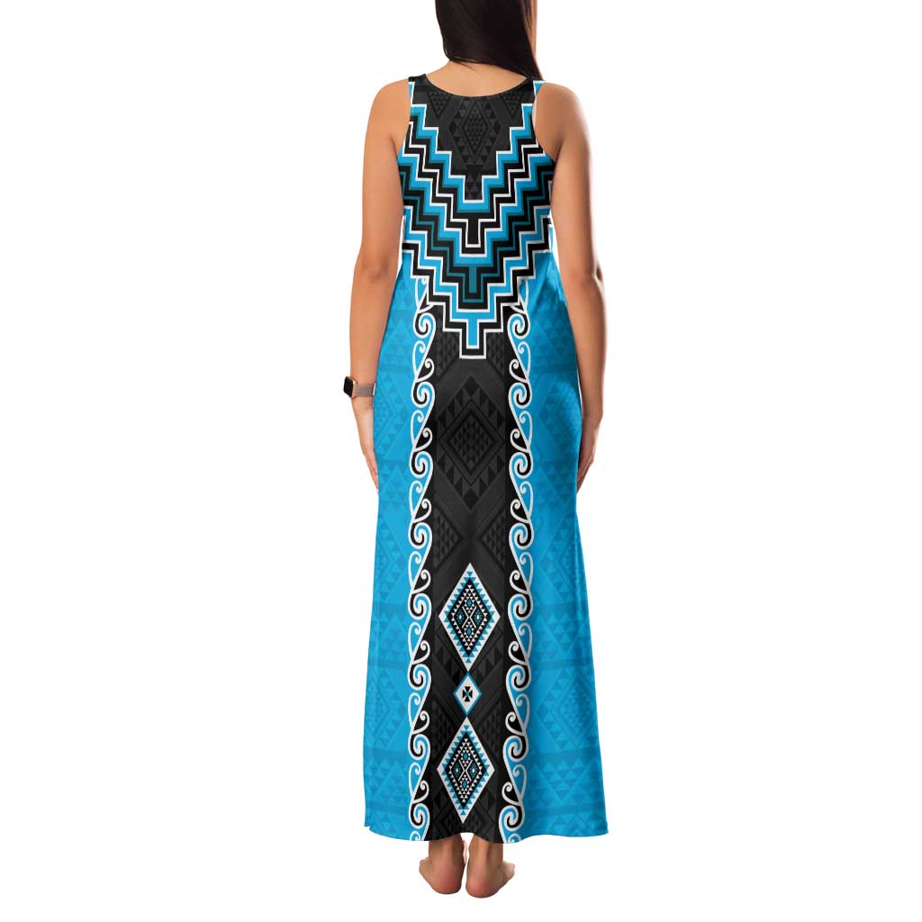 Sky Blue Niho Taniwha Mix Poutama Family Matching Tank Maxi Dress and Hawaiian Shirt Unique Taniko Aotearoa