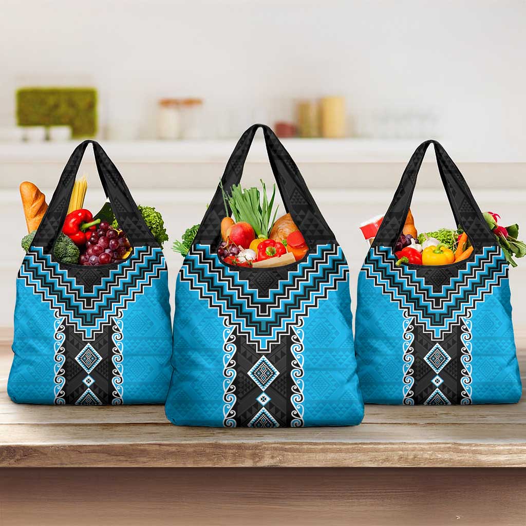 Sky Blue Niho Taniwha Mix Poutama Grocery Bag Unique Taniko Aotearoa
