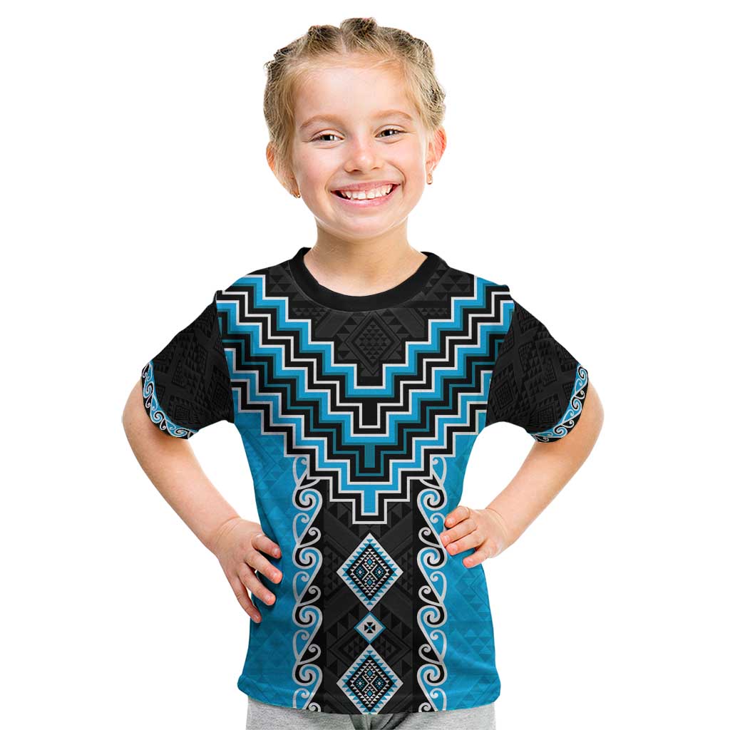 Sky Blue Niho Taniwha Mix Poutama Kid T Shirt Unique Taniko Aotearoa LT01 Sky Blue - Polynesian Pride