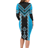 Sky Blue Niho Taniwha Mix Poutama Long Sleeve Bodycon Dress Unique Taniko Aotearoa