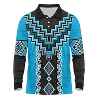 Sky Blue Niho Taniwha Mix Poutama Long Sleeve Polo Shirt Unique Taniko Aotearoa LT01 Sky Blue - Polynesian Pride