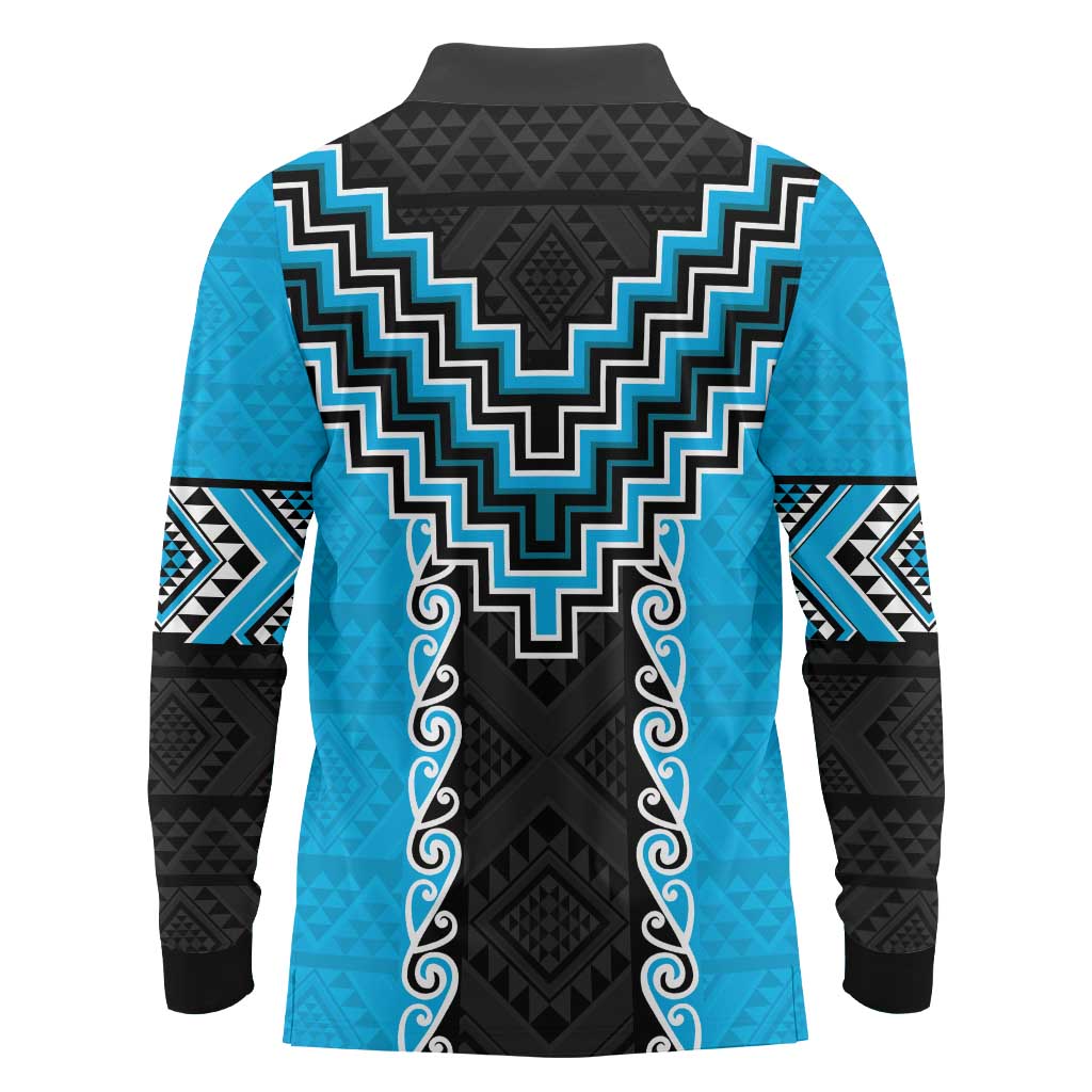 Sky Blue Niho Taniwha Mix Poutama Long Sleeve Polo Shirt Unique Taniko Aotearoa LT01 - Polynesian Pride