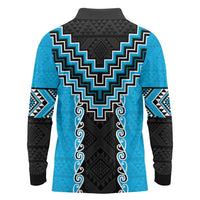 Sky Blue Niho Taniwha Mix Poutama Long Sleeve Polo Shirt Unique Taniko Aotearoa LT01 - Polynesian Pride