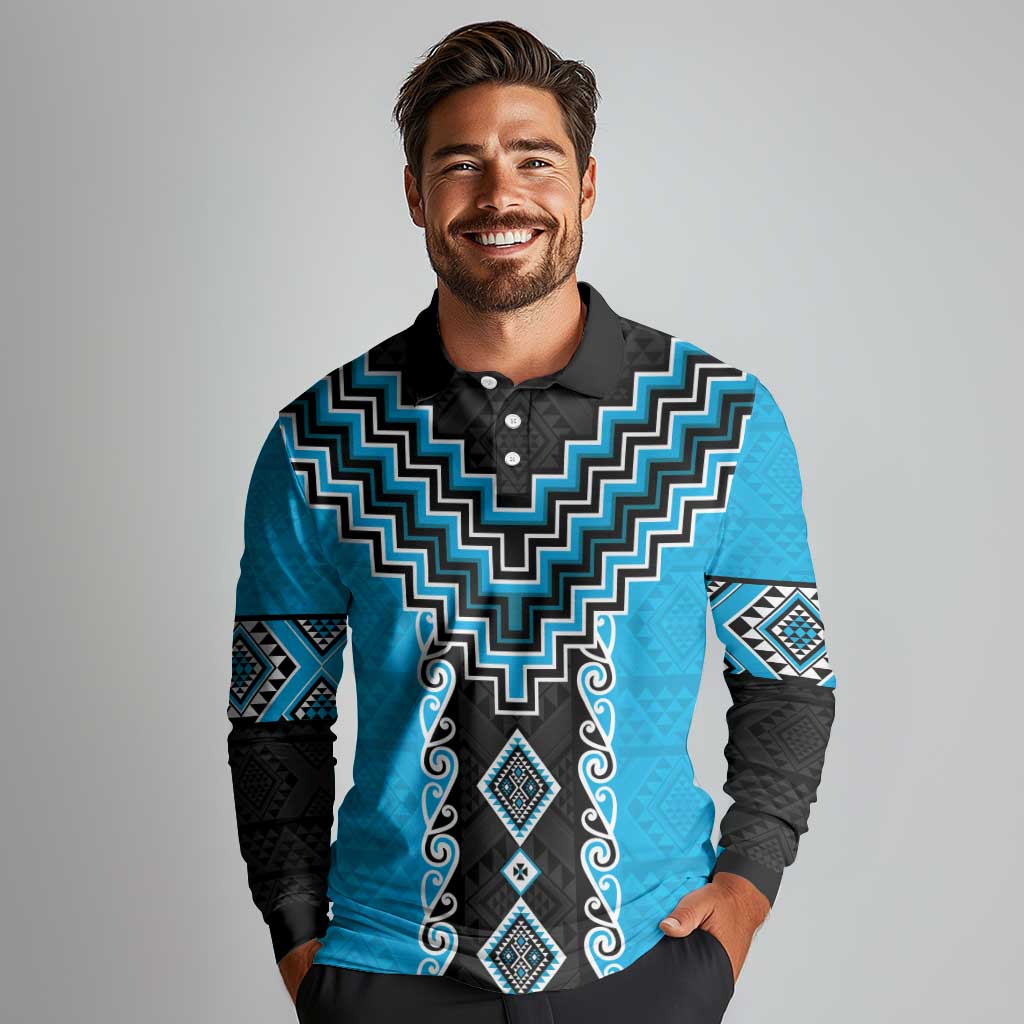 Sky Blue Niho Taniwha Mix Poutama Long Sleeve Polo Shirt Unique Taniko Aotearoa LT01 - Polynesian Pride