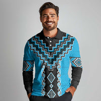 Sky Blue Niho Taniwha Mix Poutama Long Sleeve Polo Shirt Unique Taniko Aotearoa LT01 - Polynesian Pride