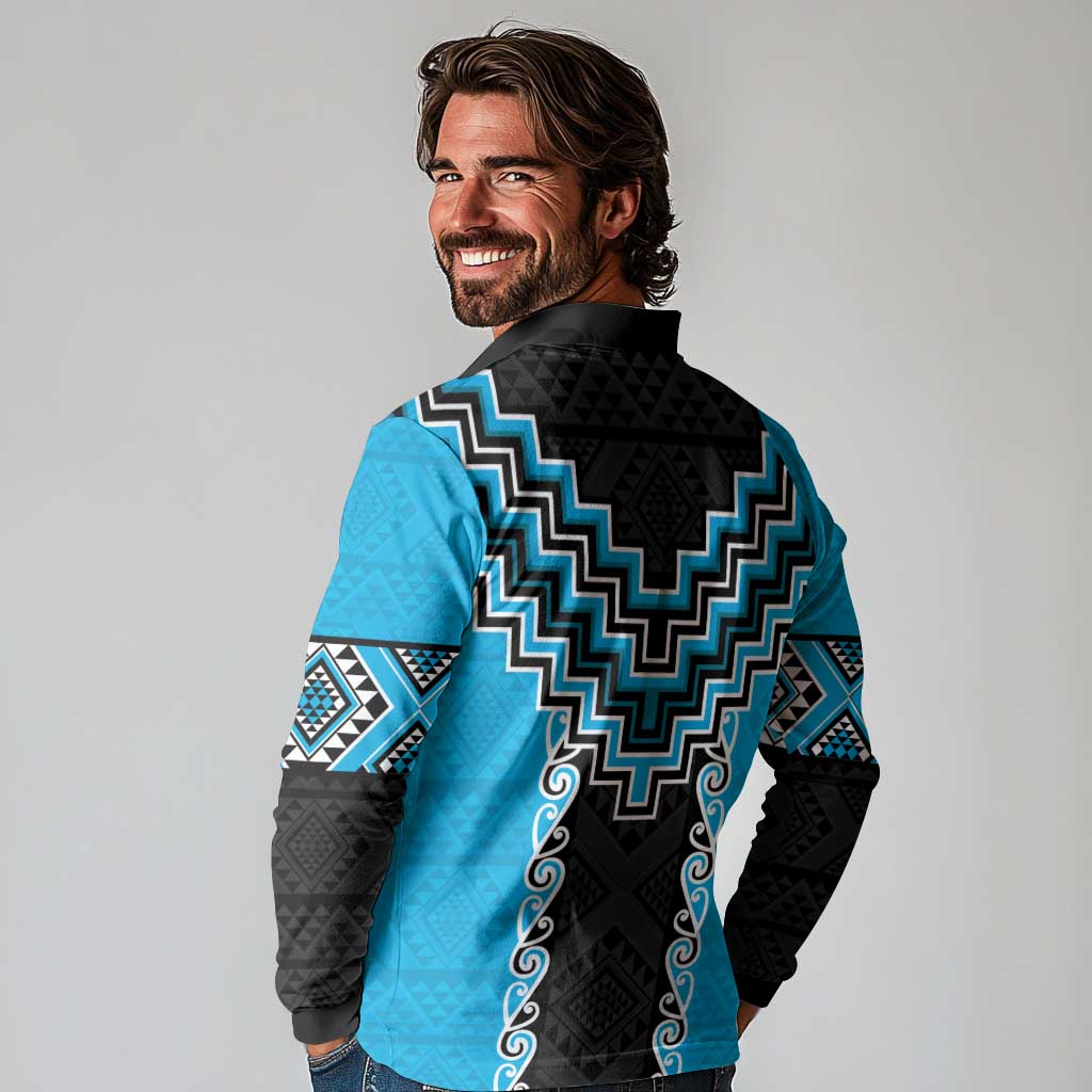 Sky Blue Niho Taniwha Mix Poutama Long Sleeve Polo Shirt Unique Taniko Aotearoa LT01 - Polynesian Pride