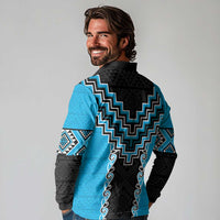 Sky Blue Niho Taniwha Mix Poutama Long Sleeve Polo Shirt Unique Taniko Aotearoa LT01 - Polynesian Pride