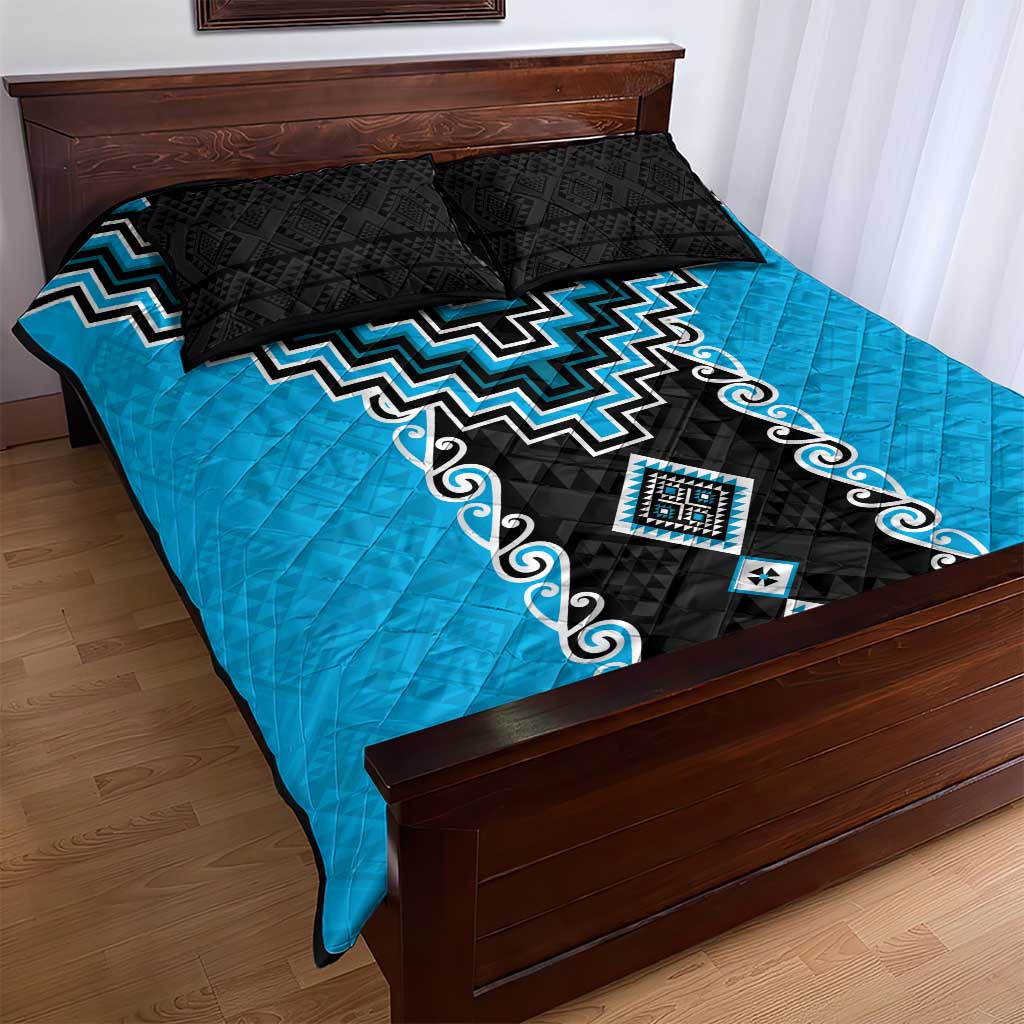 Sky Blue Niho Taniwha Mix Poutama Quilt Bed Set Unique Taniko Aotearoa
