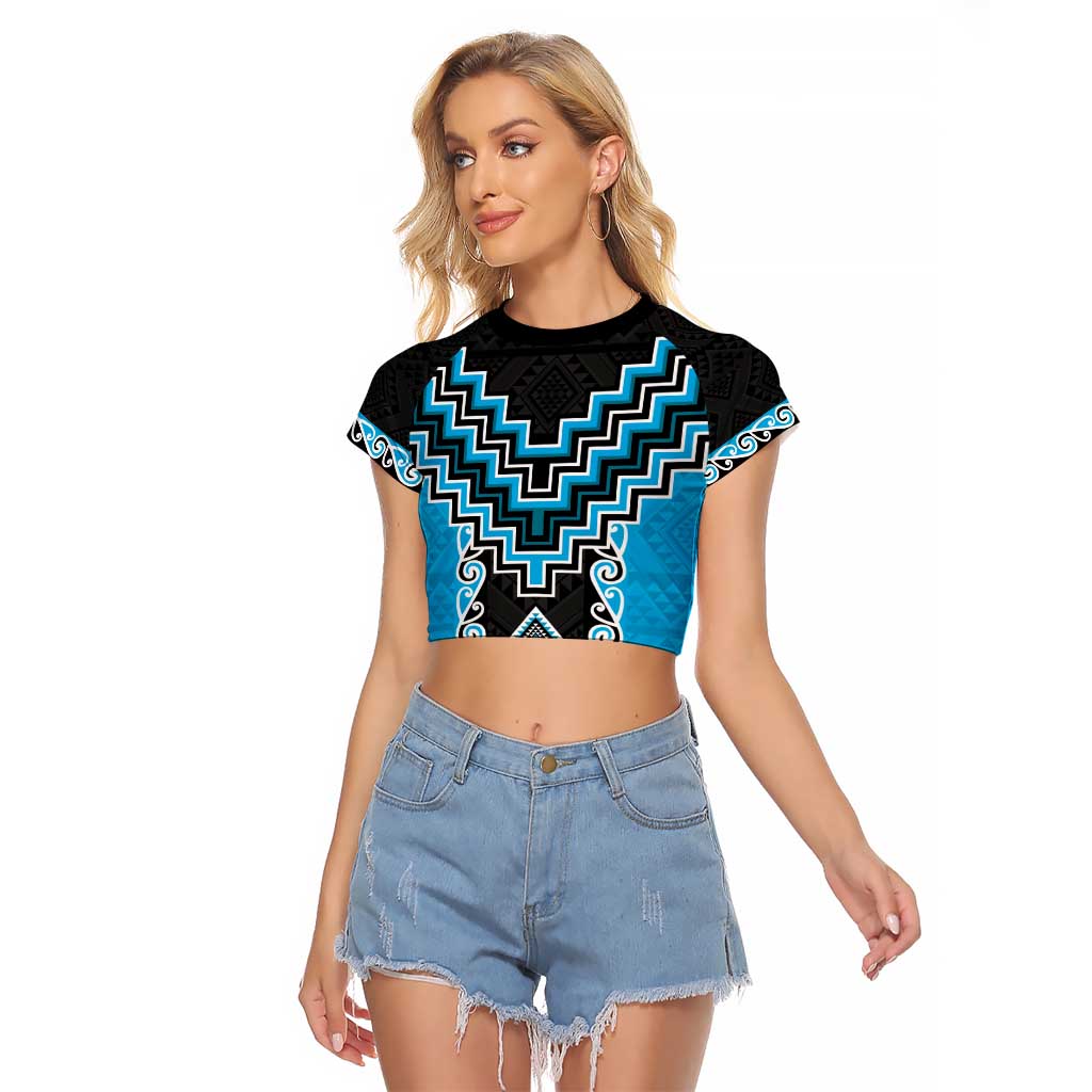 Sky Blue Niho Taniwha Mix Poutama Raglan Cropped T Shirt Unique Taniko Aotearoa