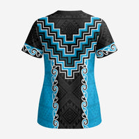 Sky Blue Niho Taniwha Mix Poutama Scrub Top Unique Taniko Aotearoa - Polynesian Pride