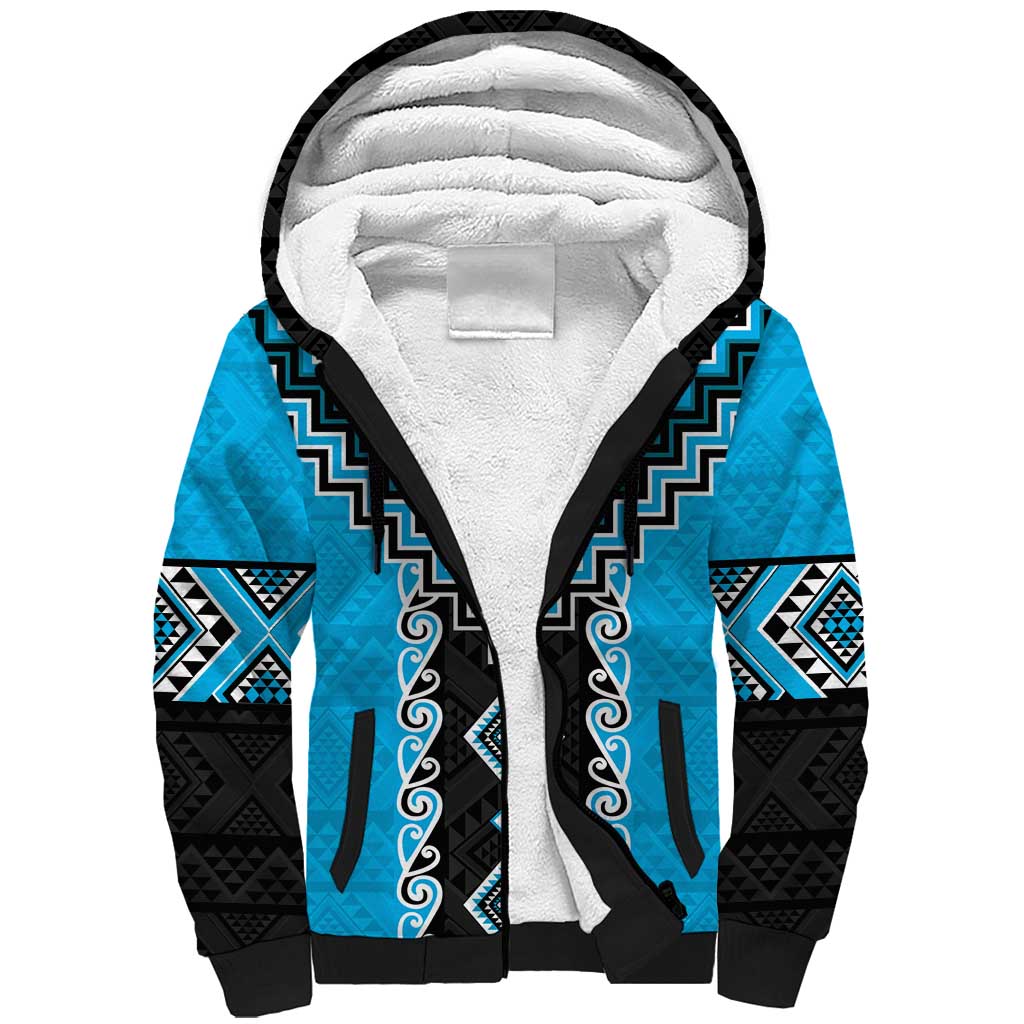 Sky Blue Niho Taniwha Mix Poutama Sherpa Hoodie Unique Taniko Aotearoa